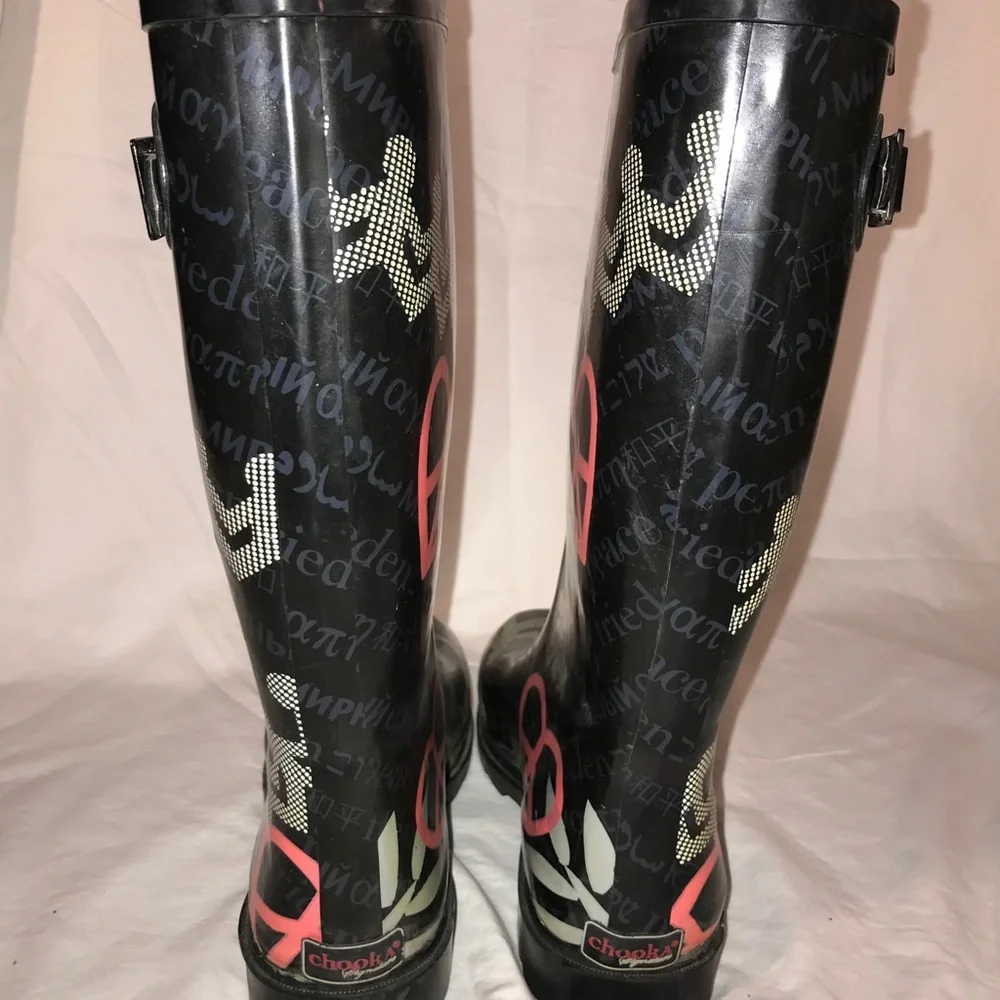 CHOOKA Tall Rainboots 10M Black Paper Doll Peace Dove EUC $60 cdw